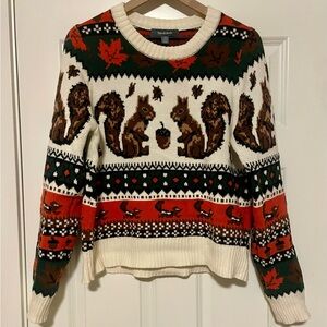 Modcloth Squirrel Sweater - Cream, Green, and Orange